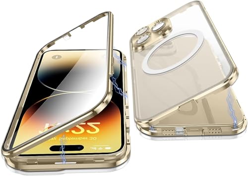 OUBELI Hülle für iPhone 15 Pro Max Handyhülle Kompatibel mit Magsafe Magnetische Adsorption Metallrahmen Case Transparentes gehärtetes Glas 360°-Schutz Cover (golden) von OUBELI