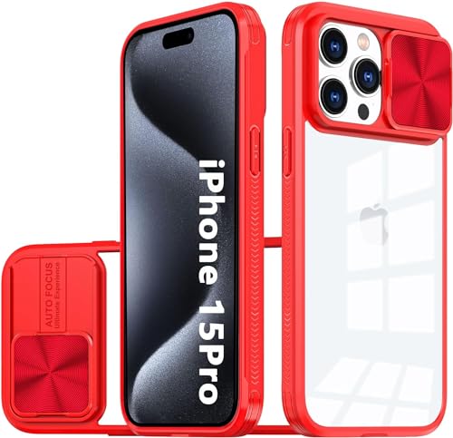 OUBELI Hülle für iPhone 15 Pro Max Kamera Schutz mit Schieber Case, Weich TPU Silikon Rahmen+ transparent Hard PC Hybrid Case, Nie Vergilbung Anti Kratzer und Stoßschutz Handyhülle, rot. von OUBELI