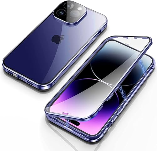 OUBELI Hülle für iPhone 15 Pro Max Magnetische Adsorption Handyhülle 360 Grad Beidseitig Schutz transparent Handyhülle Vorne hinten Gehärtetes Glas Schutzhülle Metallrahmen Case. Azul von OUBELI