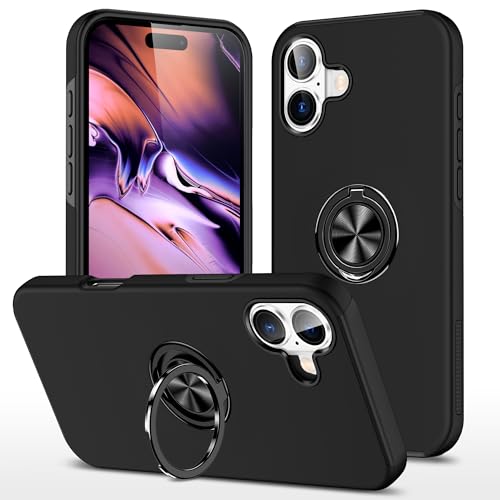 OUBELI Hülle für iPhone 16 Plus Handyhülle mit 360 Grad Ring Magnetische Ständer Weich TPU Silikon Rahmen und PC Anti Kratzer und Stoßschutz Schutzhülle (Schwarz) von OUBELI