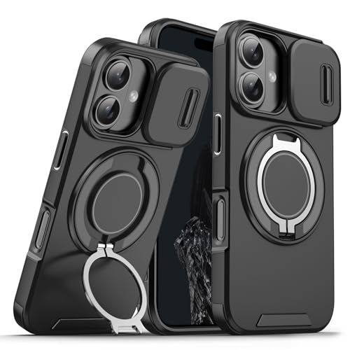 OUBELI Hülle für iPhone 16 Plus Handyhülle mit Schiebbarer Kameraschutz 360 Grad Drehung Ständer, Militär Stoßfeste Anti Kratzer Silikon Schutzhülle (Schwarz) von OUBELI