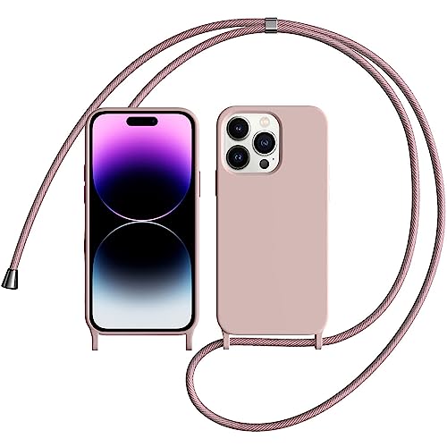 OUBELI Liquid Silikon Handykette Hülle für iPhone 14 Pro Hülle, Necklace(abnehmbar) Hülle mit Kordel zum Umhängen Handy Schutzhülle mit Band, Soft Silikon TPU Stoßfest und rutschfest-Rosa von OUBELI