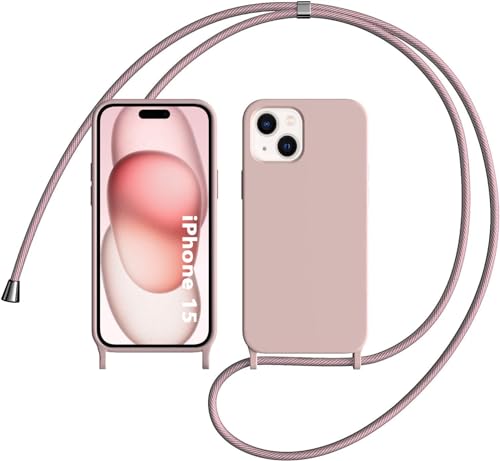 OUBELI Liquid Silikon Handykette Hülle für iPhone 15 Hülle, Necklace(abnehmbar) Hülle mit Kordel zum Umhängen Handy Schutzhülle mit Band, Soft Silikon TPU Stoßfest und rutschfest-Rosa von OUBELI