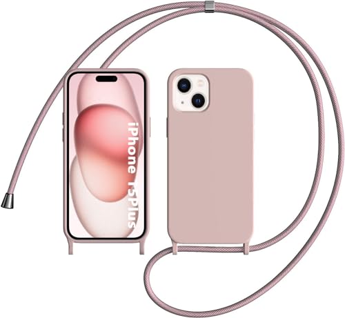 OUBELI Liquid Silikon Handykette Hülle für iPhone 15 Plus Hülle, Necklace(abnehmbar) Hülle mit Kordel zum Umhängen Handy Schutzhülle mit Band, Soft Silikon TPU Stoßfest und rutschfest-Rosa von OUBELI