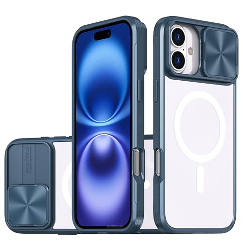 OUBELI Magnetische Hülle für iPhone 16 Kompatibel mit MagSafe mit [Schiebbarer Kameraschutz] Transparente, Stoßfeste und Kratzfeste Hülle - Blau von OUBELI