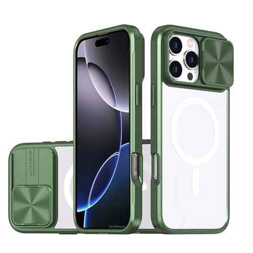 OUBELI Magnetische Hülle für iPhone 16 Pro Max Kompatibel mit MagSafe mit [Schiebbarer Kameraschutz] Transparente, Stoßfeste und Kratzfeste Hülle - grün von OUBELI