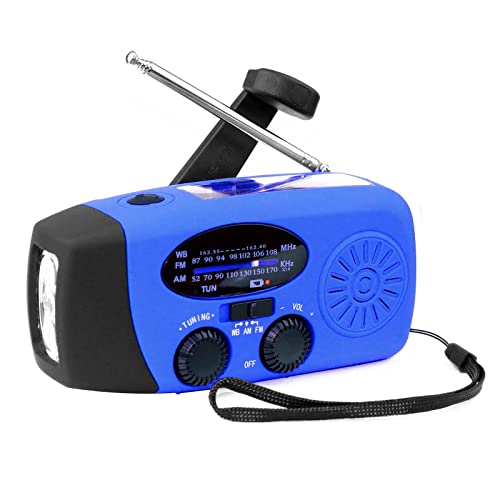 Solar Radio AM/FM/NOAA Tragbare Wetterradio Kurbelradio mit 2000mAh Akku USB Wiederaufladbare Dynamo Radio,Wasserdicht Handkurbelradio,Outdoor-Radio Taschenlampe für Wandern,Camping,Notfal (Blau) von OUGPIU