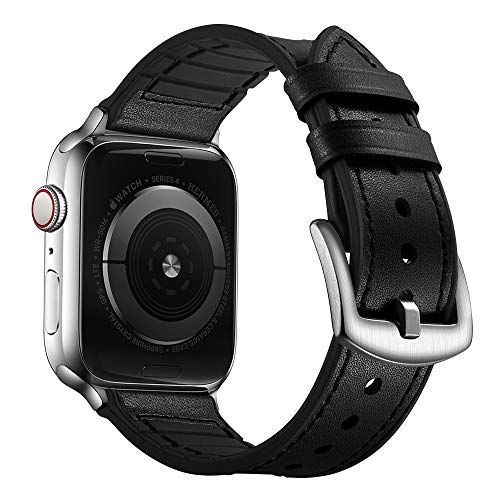 OUHENG Kompatibel mit Apple Watch Armband 42 mm/44 mm, schweißfestes Echtleder- und Gummi-Hybridarmband, kompatibel mit iWatch Serie 6, 5, 4, 3, 2, 1 SE, schwarzes Band mit silbernem Adapter OUHENG Kompatibel mit Apple Watch Armband 42 mm/44 mm, schweißfestes Echtleder- und Gummi-Hybridarmband, kompatibel mit iWatch Serie 6, 5, 4, 3, 2, 1 SE, schwarzes Band mit silbernem Adapter von OUHENG
