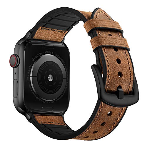 OUHENG Kompatibel mit Apple Watch Armband 49 mm 45 mm 44 mm 42 mm, schweißfestes Echtleder- und Gummi-Hybrid-Band für iWatch Ultra 2/1 Serie 9 8 7 6 5 4 3 2 1 SE2 SE, braunes Band mit schwarzem von OUHENG