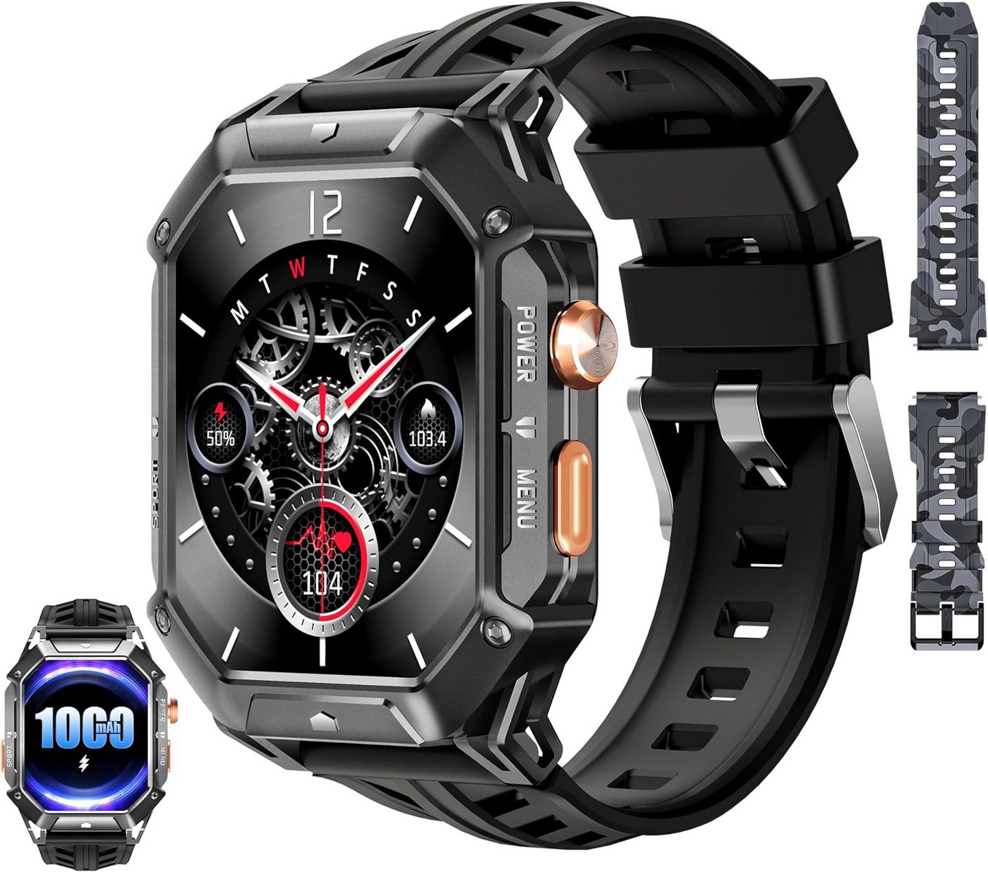 OUKITEL Herren's 1000mAh Akku 5ATM Wasserdicht Smartwatch (2.13 Zoll, Android/iOS), AMOLED Display mit Herzfrequenz Schlafüberwachung Kompass Luftdruck von OUKITEL