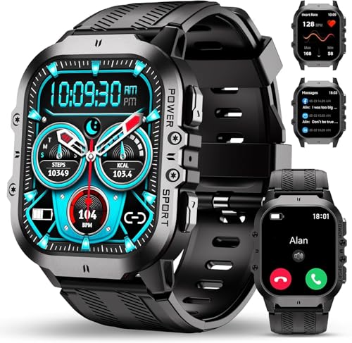 OUKITEL Smartwatch Herren Militär mit Telefonfunktion, Fitnessuhr 5ATM Wasserdicht mit Blutdruckmessung, Sportuhr 120+Sportmodi mit SPO2/Schlafmonitor/Schrittzähler, AMOLED Touchscreen für iOS/Android von OUKITEL