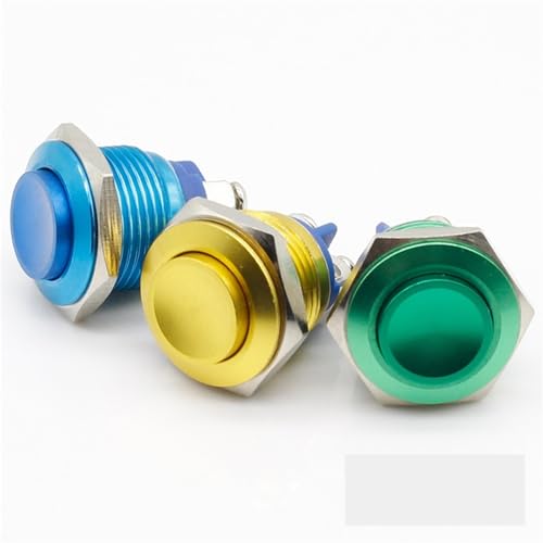 16 mm hoher Metall-Knopfschalter, Reset-Knopf, sofortiger Schalter, Aluminiumoxid, rot, grün, gelb, blau, schwarz, 3 A / 250 VDC, 1 Stück (Color : Green) von OUMIFAND