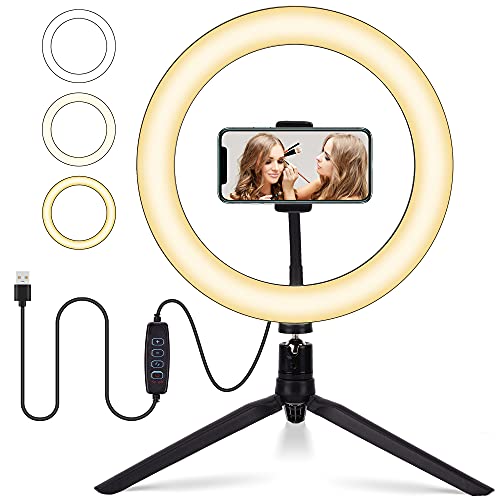 OUSFOT Ringlicht mit Stativ 10 Zoll Ringleuchte mit Handyhalter Beleuchtungsmodi und 10 Helligkeitsstufen Dimmbare Tischringlicht für Fotografie Make-Up Live Streaming YouTube Tiktok von OUSFOT