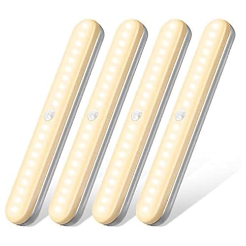 OUSFOT Schrankbeleuchtung 4 Stück 20 LEDs kabellos Unterschrankleuchte mit Bewegungsmelder USB wiederaufladbarer Akku, Kleiderschrankbeleuchtung, Warmweiß, zum Aufkleben für Schränke, Treppen, Küche von OUSFOT