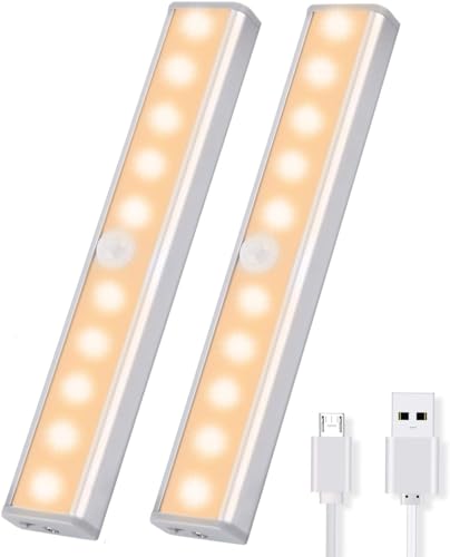 OUSFOT Schrankbeleuchtung LED mit Bewegungsmelder 2PC Schrankleuchten Kabellos mit 4 Magnetstreifen Schranklicht Warmweiß für Treppen, Schlafzimmer, Kleiderschrank von OUSFOT