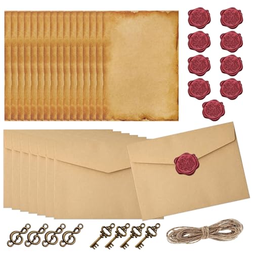 Vintage Briefpapier mit Umschlag Set, Briefpapier mit Umschlag mit 8 Briefumschlägen, 16 Briefbögen, 10 Wachssiegel Aufkleber, 8 Accessoires, 10 meter Garn, für Hochzeitseinladungen, Geburtstagskarten Vintage Briefpapier mit Umschlag Set, Briefpapier mit Umschlag mit 8 Briefumschlägen, 16 Briefbögen, 10 Wachssiegel Aufkleber, 8 Accessoires, 10 meter Garn, für Hochzeitseinladungen, Geburtstagskarten von OUTALIZ