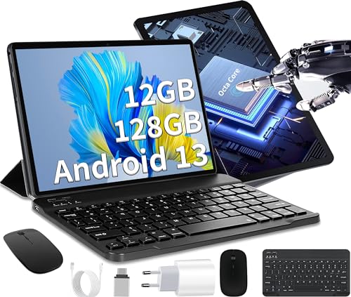 Android 13 Tablet 10 Zoll, 12GB RAM + 128GB ROM (TF 1TB), Tablet PC Octa Core 2.0 Ghz Gaming Tablet Dual Kamera HD/IPS, 7000mAh Akku, 5G WiFi Tablet Android Type-C Bluetooth mit Tastatur und Maus von OUZRS