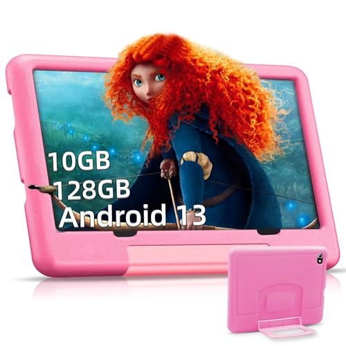 Kinder Tablet 10 Zoll Android 13, 10 GB RAM + 128GB ROM, Tablet für Kinder Kindersicherung, Lernsoftware, Dual-Kamera HD/IPS, Kid Tablet WiFi Bluetooth Netflix YouTube, Tablet Kinder mit Hüllen,Rosa von OUZRS