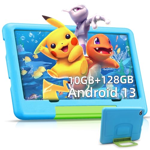 Kinder Tablet 10 Zoll Android 13, 10 GB RAM + 128GB ROM, Tablet für Kinder Kindersicherung, Lernsoftware, Dual-Kamera HD/IPS, Kid Tablet WiFi Bluetooth Netflix YouTube, Tablet Kinder mit Hüllen,Blau von OUZRS