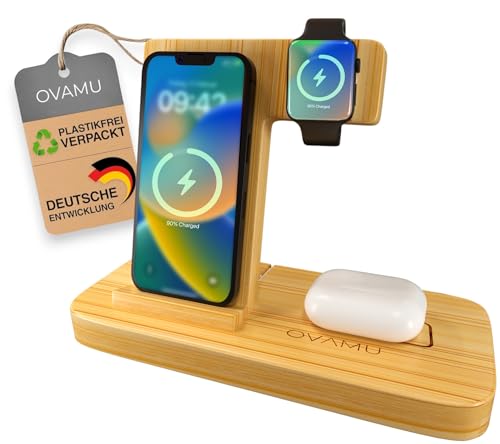 Ovamu Wireless Charger für iPhone 15 14 13 12 Serie | Induktive 3 in 1 Ladestation für Apple Watch und Air Pods von OVAMU