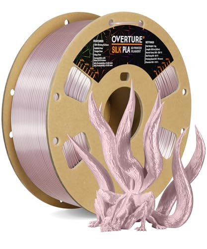 OVERTURE Silk PLA PLA-Filament, 1,75 mm Verbrauch, 1 kg Filament (2,2 lbs), Maßgenauigkeit 99% Wahrscheinlichkeit +/- 0,03 mm, für 3D-Drucker (Silk Silber Rosa) von OVERTURE