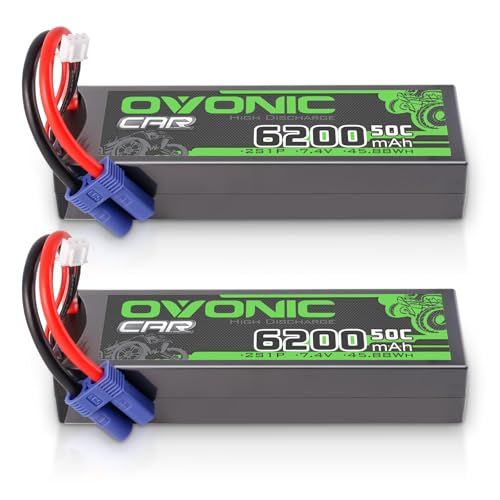 OVONIC 2SLipo Akku 6200mAh 7.4V 50C mit EC5 Stecker Hardcase für RC Auto Evader Truck Truggy BX Quadcopter Hubschrauber LKW Boot Flugzeug (2 Stück) von OVONIC