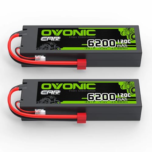 OVONIC 2s Lipo Akku 7,4V 6200mAh 120C mit T Stecker Hardcase für RC Auto Truck Truggy Quadcopter Hubschrauber Flugzeug (2 Stück) von OVONIC