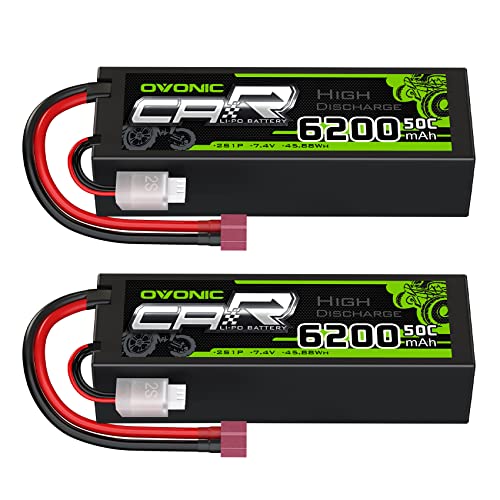 OVONIC 2s Lipo Akku 7,4V 6200mAh 50C mit T Stecker Hardcase Lipo Batterie Zellen für RC Auto Evader Truck Truggy BX Quadcopter Hubschrauber LKW Boot Flugzeug (2 Stück) von OVONIC