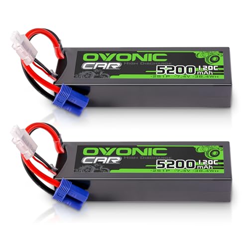 OVONIC 2s Lipo Akku 7.4V 5200mAh 120C mit EC5 Stecker Lipo Batterie für RC Auto Truck Truggy Quadcopter Hubschrauber LKW Boot Flugzeug(2PCS) von OVONIC