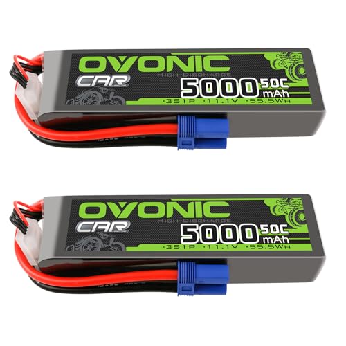 OVONIC 3s Lipo Akku 11.1V 5000mAh 50C mit EC5 Stecker Zellen für 1/8 und 1/10 RC Auto FPV UAV RC Boot Flugzeug Helikopter Multirotor（2PCS von OVONIC