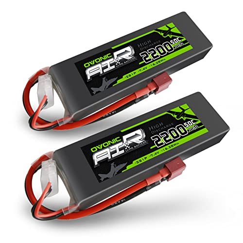 OVONIC Lipo Akku 2s 2200mAh 50C 7,4V Lipo Akku mit Dean Style T Stecker für RC Flugzeug Helikopter Auto LKW (2 Stück) von OVONIC