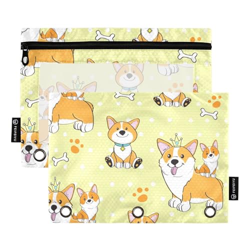 OWFKAY Federmäppchen für 3-Ring-Ordner, Großpackung mit 3 Löchern, Reißverschluss, mit transparentem Fenster, Cute, Corgi Dog Palka Dots Gelb von OWFKAY