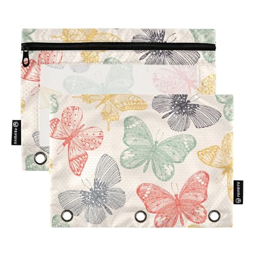 OWFKAY Federmäppchen für 3-Ring-Ordner, Großpackung mit 3 Löchern, Reißverschluss, mit transparentem Fenster, Regenbogen-Schmetterling auf Gelb von OWFKAY