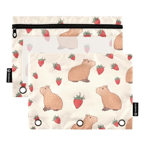 OWFKAY Federmäppchen für 3-Ring-Ordner, Großpackung mit 3 Löchern, Reißverschlussbeutel mit transparentem Fenster, Capybara-Erdbeer-Muster, 2 Stück OWFKAY Federmäppchen für 3-Ring-Ordner, Großpackung mit 3 Löchern, Reißverschlussbeutel mit transparentem Fenster, Capybara-Erdbeer-Muster, 2 Stück von OWFKAY