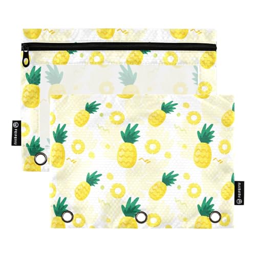 OWFKAY Federmäppchen für 3-Ring-Ordner, Großpackung mit 3 Löchern, Reißverschlussbeutel mit transparentem Fenster, Gelb, tropische Ananas-Frucht von OWFKAY
