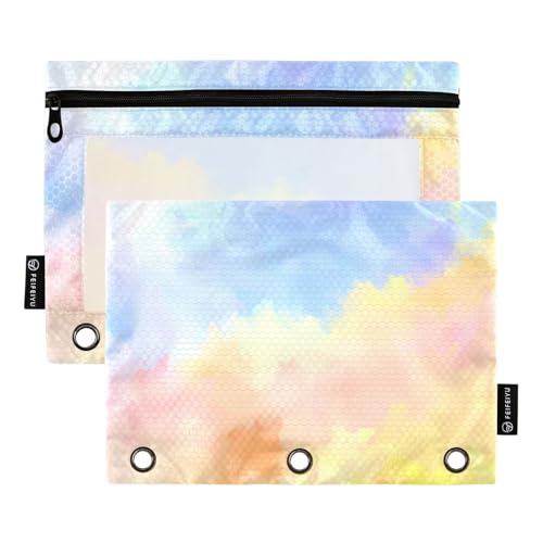 OWFKAY Federmäppchen für 3-Ring-Ordner, Großpackung mit 3 Löchern, Reißverschlussbeutel mit transparentem Fenster, Regenbogen-Batik, gelber Flüssigkeitsdruck, 2 Stück von OWFKAY