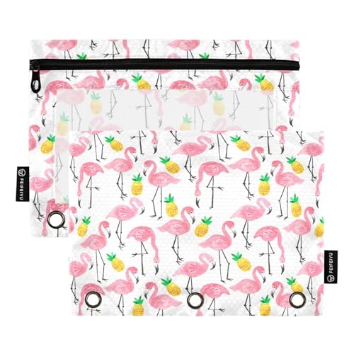 OWFKAY Federmäppchen für 3-Ring-Ordner, Großpackung mit 3 Löchern, Reißverschlussbeutel mit transparentem Fenster, Rosa, Flamingo, Gelb, Ananas von OWFKAY
