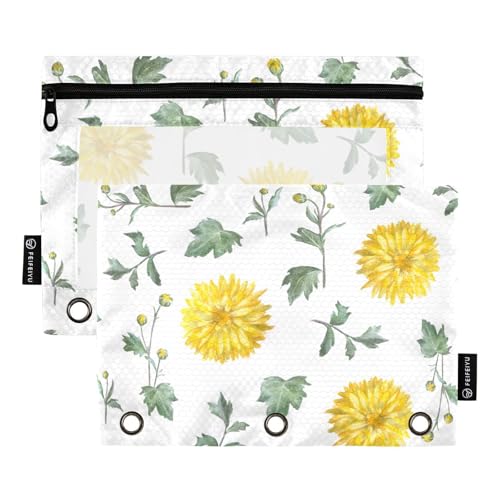 OWFKAY Federmäppchen für 3-Ring-Ordner, Großpackung mit 3 Löchern, Reißverschlussbeutel mit transparentem Fenster, gelbe Chrysanthemen-Blume, grünes Blatt von OWFKAY