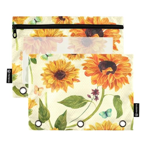 OWFKAY Federmäppchen für 3-Ring-Ordner, Großpackung mit 3 Löchern, Reißverschlussbeutel mit transparentem Fenster, gelbe Sonnenblumen und Schmetterlinge von OWFKAY