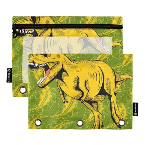OWFKAY Federmäppchen für 3-Ring-Ordner, Großpackung mit 3 Löchern, Reißverschlussbeutel mit transparentem Fenster, gelber Dinosaurier mit tropischem Blatt-Hintergrund, 2 Stück von OWFKAY