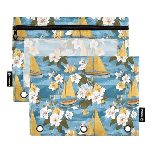OWFKAY Federmäppchen für 3-Ring-Ordner, Großpackung mit 3 Löchern, Reißverschlussbeutel mit transparentem Fenster, gelbes Segelboot-Blumenmuster von OWFKAY
