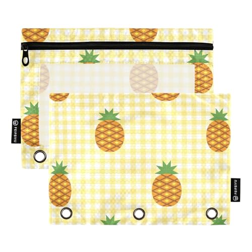 OWFKAY Federmäppchen für 3-Ring-Ordner, Großpackung mit 3 Löchern, Reißverschlussbeutel mit transparentem Fenster, kariertes gelbes und weißes Muster mit Ananas von OWFKAY