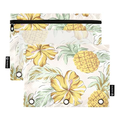 OWFKAY Federmäppchen für 3-Ring-Ordner, Großpackung mit 3 Löchern, Reißverschlussbeutel mit transparentem Fenster, tropische gelbe Hibiskusblüten und Ananas von OWFKAY