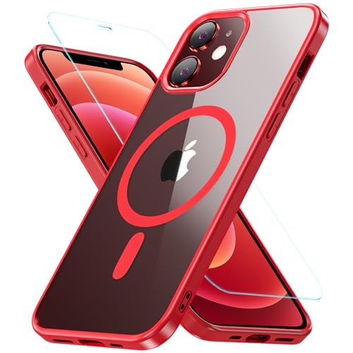 Für iPhone 12 Hülle,iPhone 12 Pro Hülle für Magsafe mit Panzer Schutz Glas,[Schutz in Militärqualität] Stoßfest Magnetisch Handyhülle iPhone 12|iPhone 12 Pro Case Dünn Outdoor Cover Schutzhülle,Rot von OWKEY