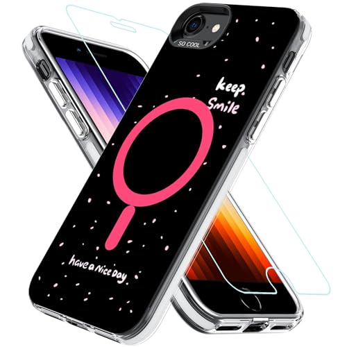 OWKEY Hülle für iPhone SE 2020/2022 (iPhone SE 2/3), iPhone 8/iPhone 7, Magnetisch Schutzhülle für MagSafe mit 9H Schutzglas, Smile Niedliches Muster Design Aesthetic Case Handyhülle (Schwarz) von OWKEY