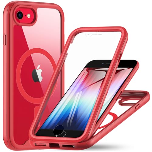 OWKEY Hülle für iPhone SE 2020/2022 (iPhone SE 2/3), iPhone 8/7 Magnetisch Schutzhülle für Mag-Safe mit Integriertem Displayschutz, 360 Grad Case Handyhülle für iPhone SE 2/3/ iPhone 8/7 (Rot) von OWKEY