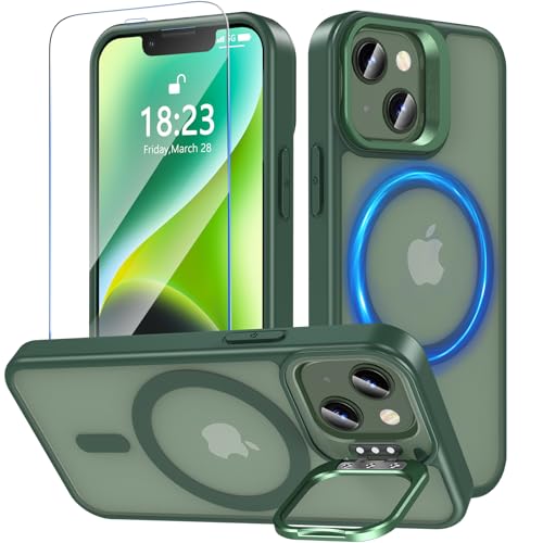 OWKEY Magnetisch für iPhone 13/iPhone 14 Hülle Mit Ständer,Kompatibel mit MagSafe,Schutzhülle mit Schutzfolie,Militär Fallschutz Stoßfest Handyhülle,Durchscheinend Matt Grün OWKEY Magnetisch für iPhone 13/iPhone 14 Hülle Mit Ständer,Kompatibel mit MagSafe,Schutzhülle mit Schutzfolie,Militär Fallschutz Stoßfest Handyhülle,Durchscheinend Matt Grün von OWKEY