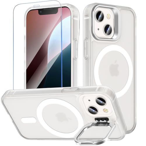 OWKEY Magnetisch für iPhone 13/12 Mini Hülle mit Ständer,Durchscheinend Matt Schutzhülle mit Panzer Schutz Glas,Kompatibel mit MagSafe,Militär Fallschutz Stoßfest Handyhülle,Halbtransparent von OWKEY