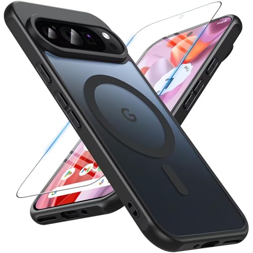 OWKEY Magnetische Schutzhülle für Google Pixel 9 / Google Pixel 9 Pro 2024 [kompatibel mit MagSafe] [mit Hartglas] [transparent, matt] Hartschale, stoßfest, aus PC, für Pixel 9/Pixel 9 Pro (schwarz) von OWKEY