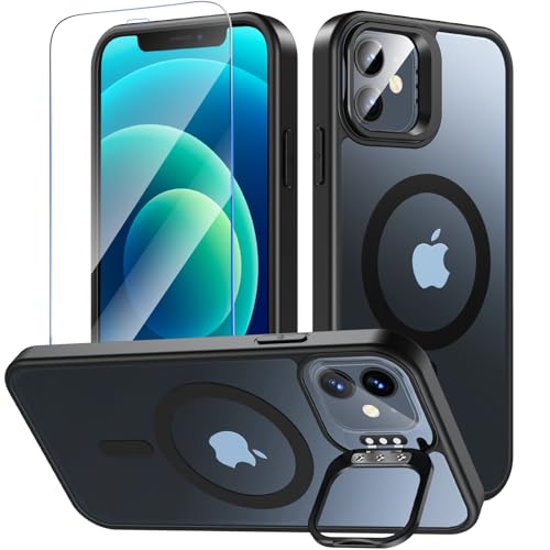 OWKEY für iPhone 12 Hülle, iPhone 12 Pro Hülle für Magsafe mit Bildschirmschutz, [Mit Lensenhalterung] Stoßfest Magnetisch Handyhülle iPhone 12| iPhone 12 Pro Case Dünn Cover Schutzhülle (Schwarz) von OWKEY